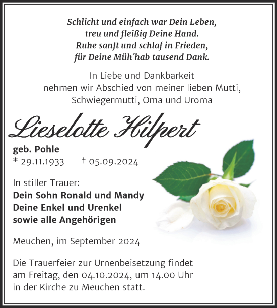Traueranzeige von Lieselotte Hilpert von Trauerkombi Weißenfels