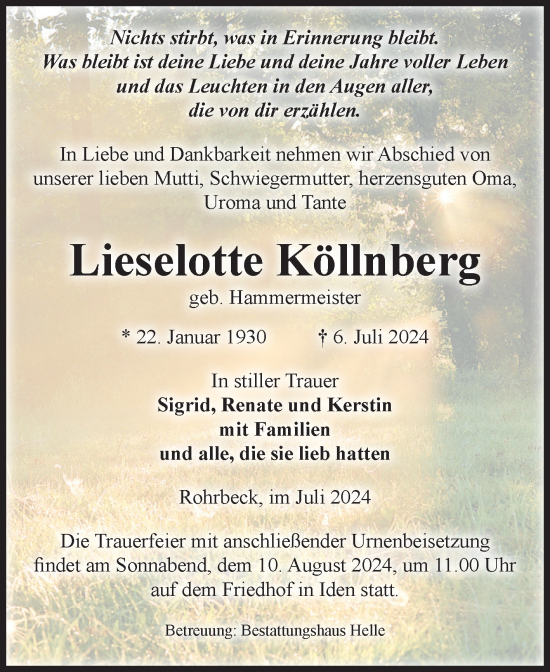 Traueranzeige von Lieselotte Köllnberg von Volksstimme Altmark Ost