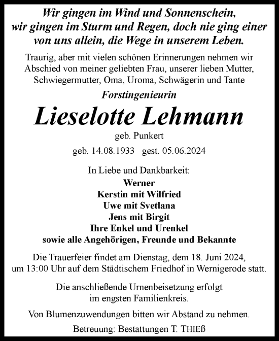 Traueranzeige von Lieselotte Lehmann von Volksstimme Wernigerode