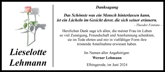 Traueranzeige von Lieselotte Lehmann von Volksstimme Wernigerode