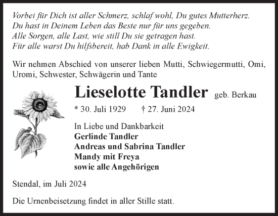 Traueranzeige von Lieselotte Tandler von Volksstimme Altmark Ost