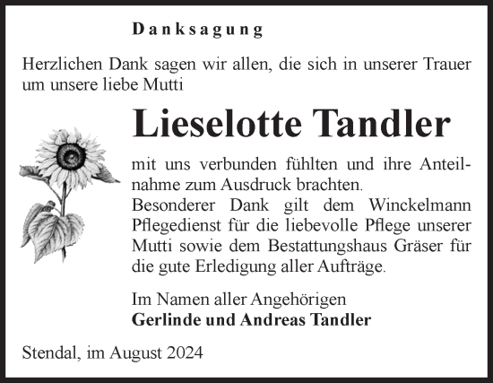 Traueranzeige von Lieselotte Tandler von Volksstimme Altmark Ost