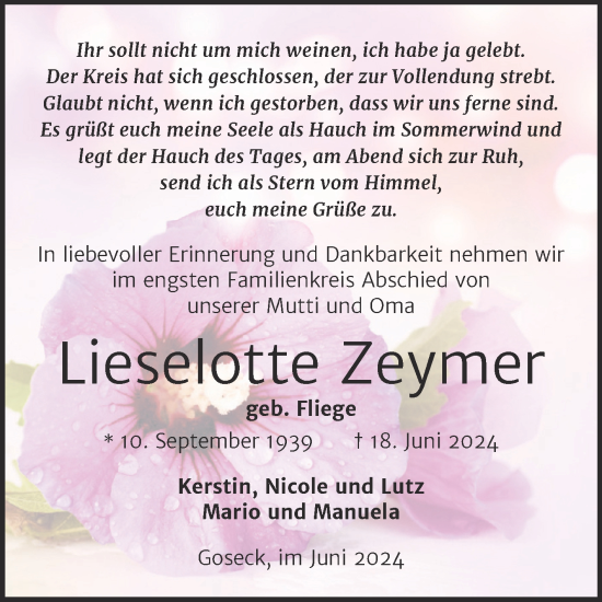 Traueranzeige von Lieselotte Zeymer von Trauerkombi Weißenfels