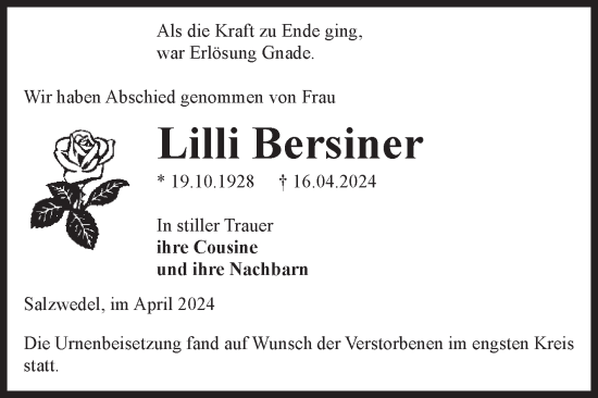 Traueranzeige von Lilli Bersiner von Volksstimme Altmark West