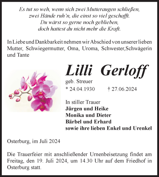 Traueranzeige von Lilli Gerloff von Volksstimme Altmark Ost