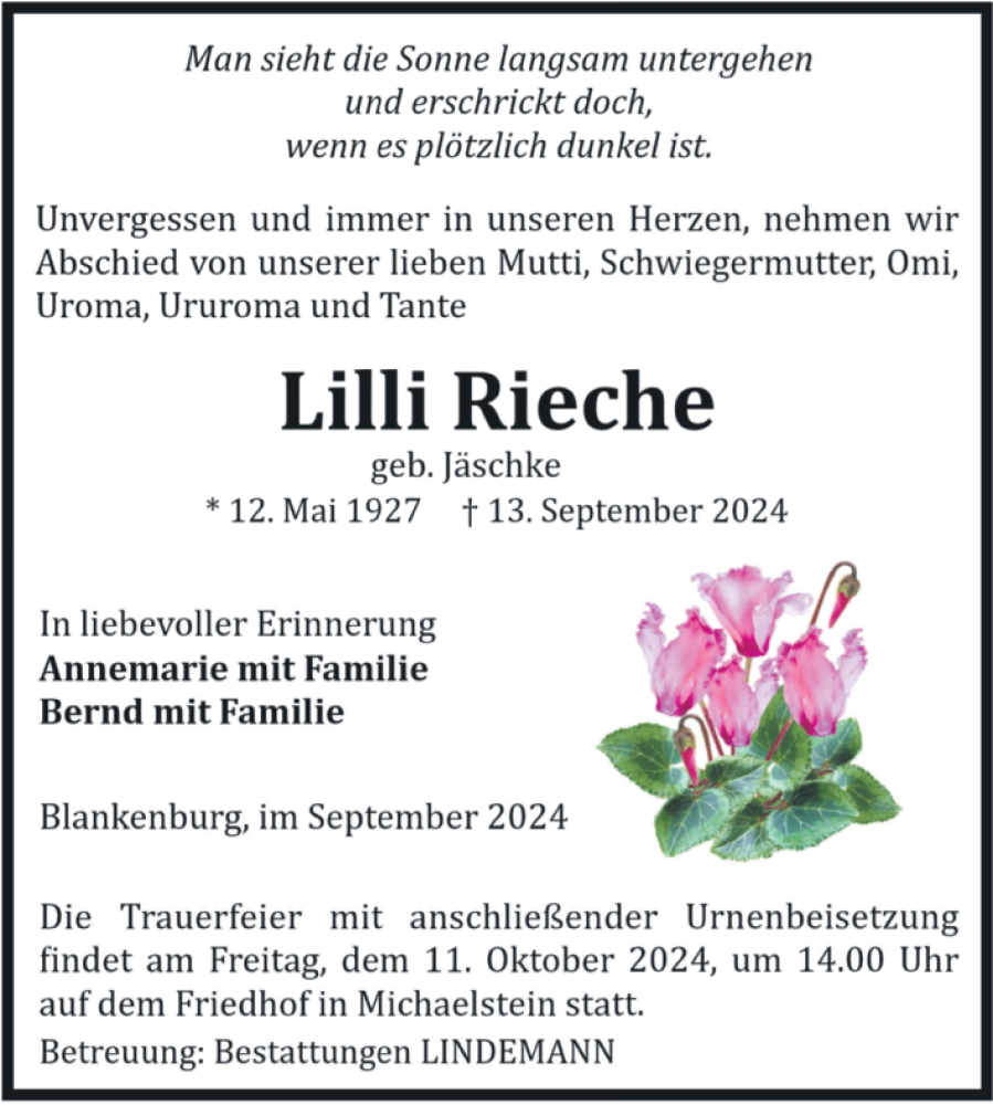  Traueranzeige für Lilli Rieche vom 21.09.2024 aus Volksstimme Wernigerode