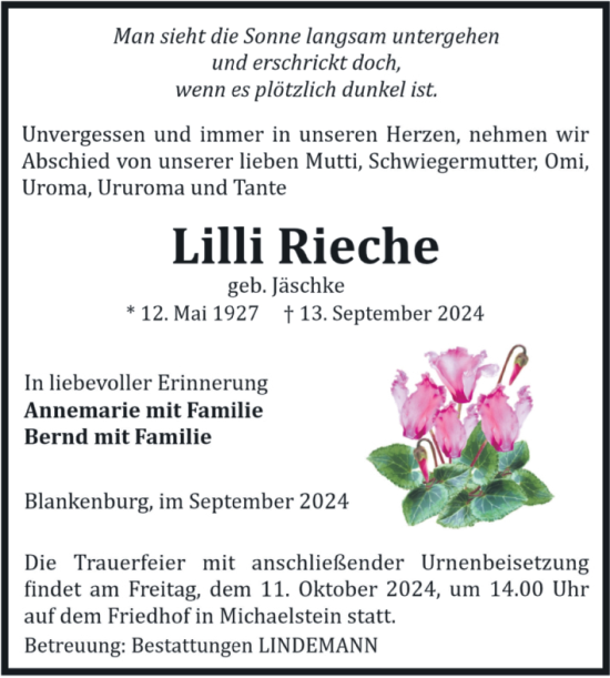 Traueranzeige von Lilli Rieche von Volksstimme Wernigerode