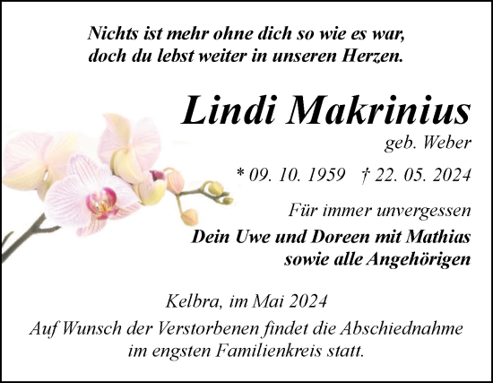Traueranzeige von Lindi Makrinius von Trauerkombi Sangerhausen