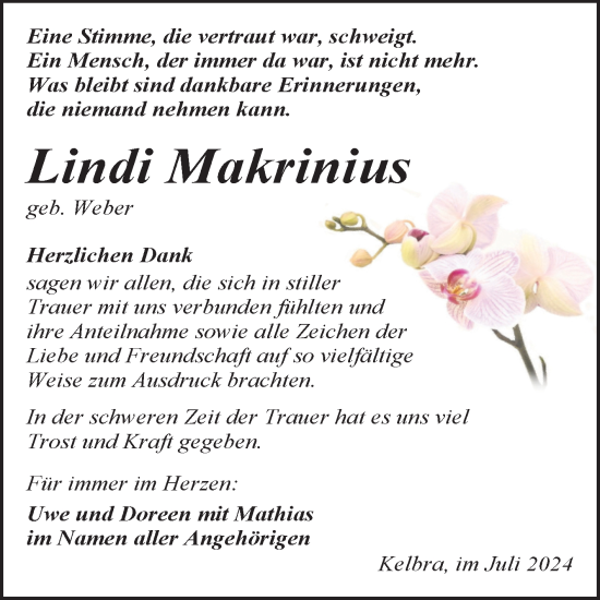 Traueranzeige von Lindi Makrinius von Trauerkombi Sangerhausen