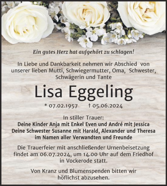 Traueranzeige von Lisa Eggeling von Trauerkombi Wittenberg