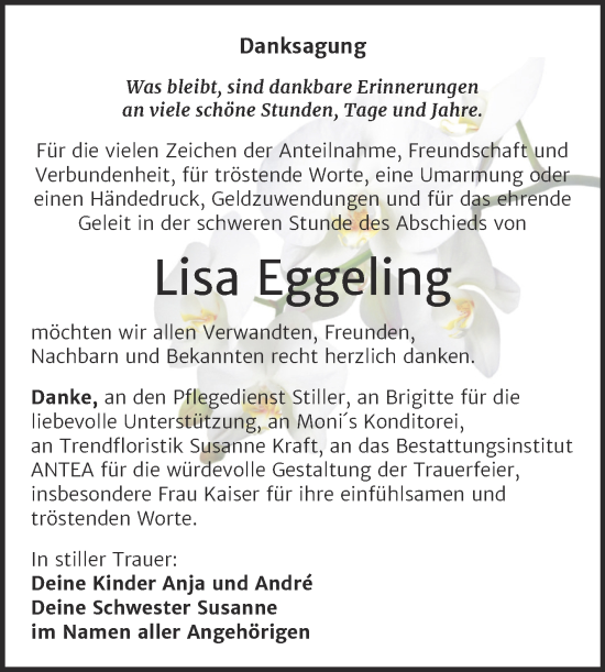 Traueranzeige von Lisa Eggeling von Trauerkombi Wittenberg