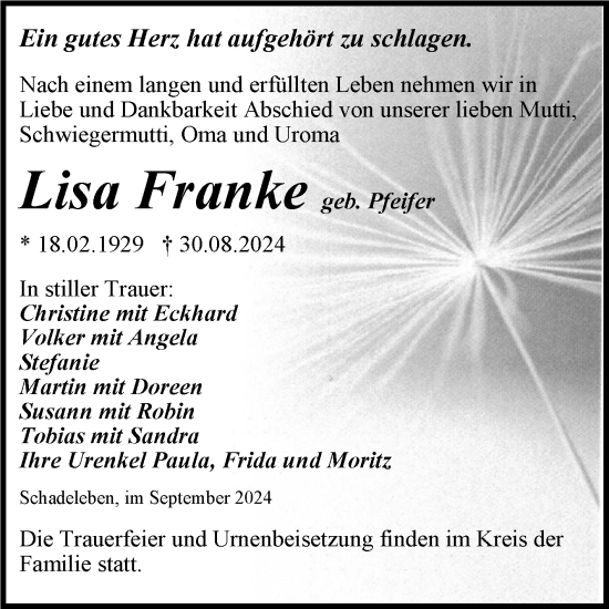 Traueranzeige von Lisa Franke von Trauerkombi Aschersleben