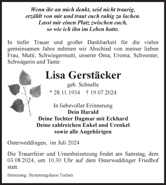Traueranzeige von Lisa Gerstäcker von Volksstimme Magdeburg