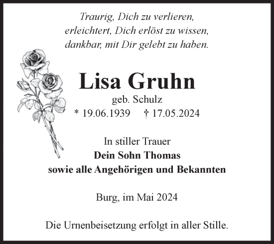 Traueranzeige von Lisa Gruhn von Volksstimme Burg/Genthin
