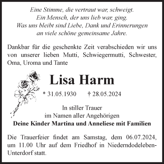 Traueranzeige von Lisa Harm von Volksstimme Haldensleben/Wolmirstedt