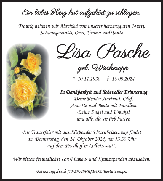 Traueranzeige von Lisa Pasche von Volksstimme Haldensleben/Wolmirstedt