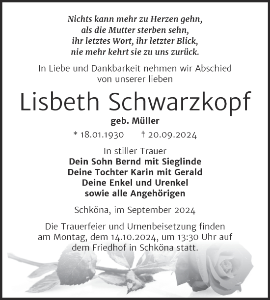 Traueranzeige von Lisbeth Schwarzkopf von Trauerkombi Bitterfeld