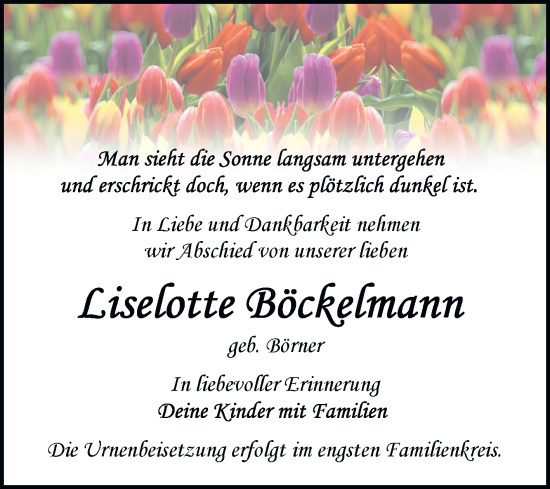 Traueranzeige von Liselotte Böckelmann von Trauerkombi Bitterfeld