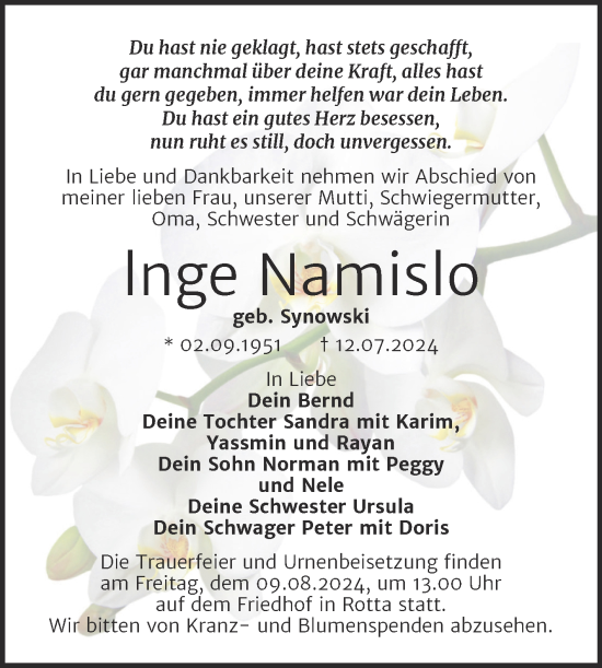 Traueranzeige von lnge Namislo von Trauerkombi Wittenberg