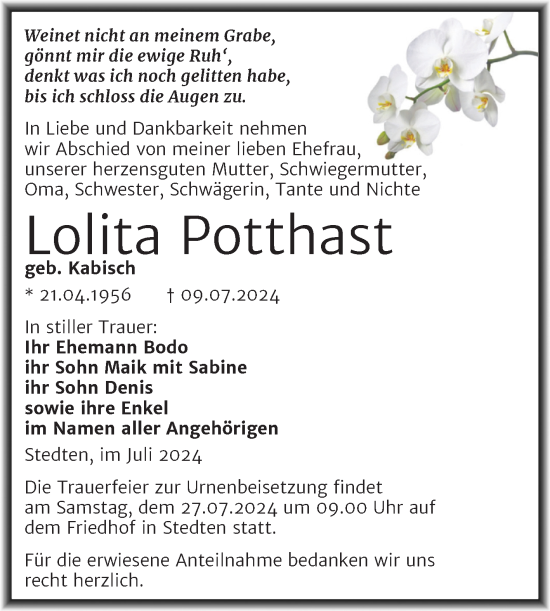 Traueranzeige von Lolita Potthast von Trauerkombi Mansfelder Land