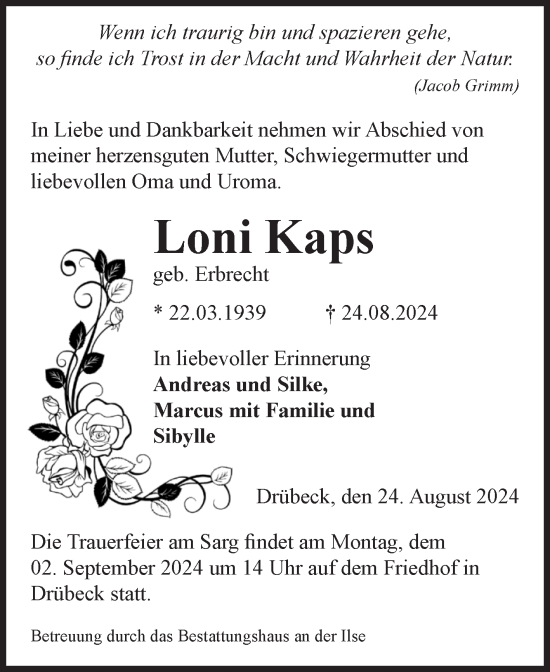Traueranzeige von Loni Kaps von Volksstimme Wernigerode