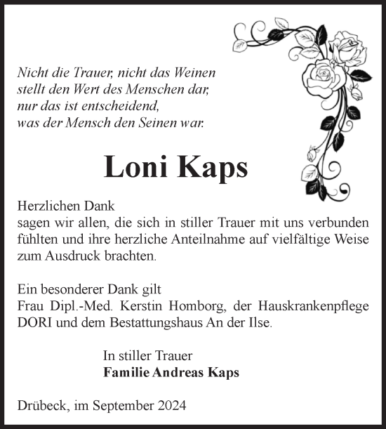Traueranzeige von Loni Kaps von Volksstimme Wernigerode