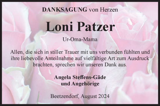Traueranzeige von Loni Patzer von Volksstimme Altmark West