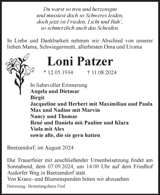 Traueranzeige von Loni Patzer von Volksstimme Altmark West