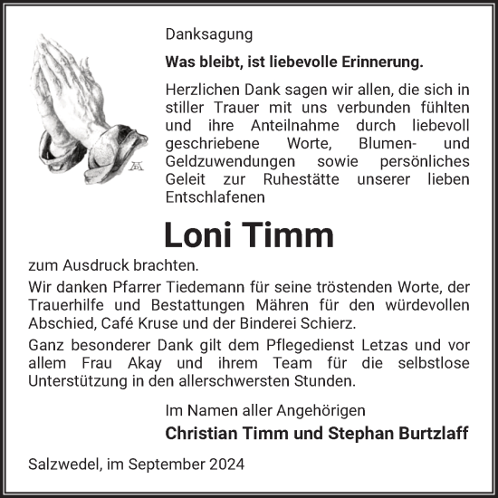 Traueranzeige von Loni Timm von Volksstimme Altmark West