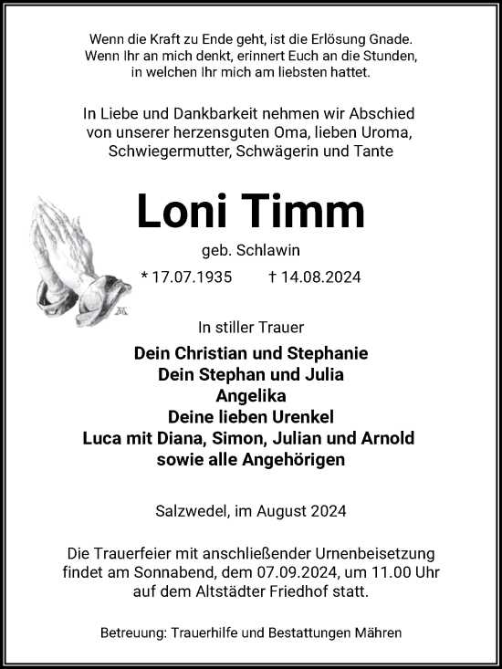 Traueranzeige von Loni Timm von Volksstimme Altmark West