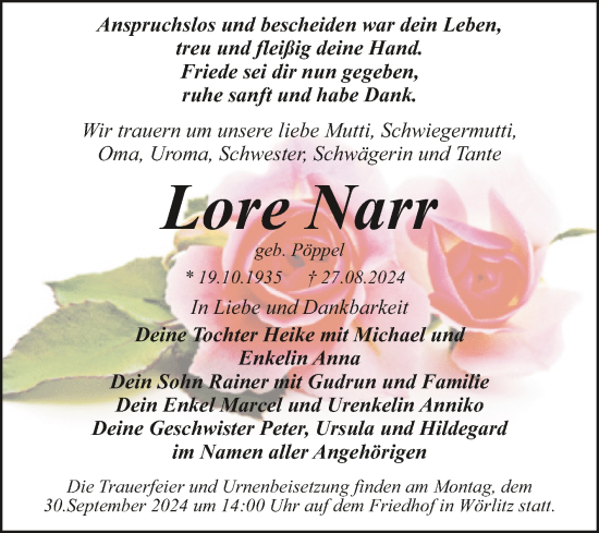 Traueranzeige von Lore Narr von Trauerkombi Bitterfeld