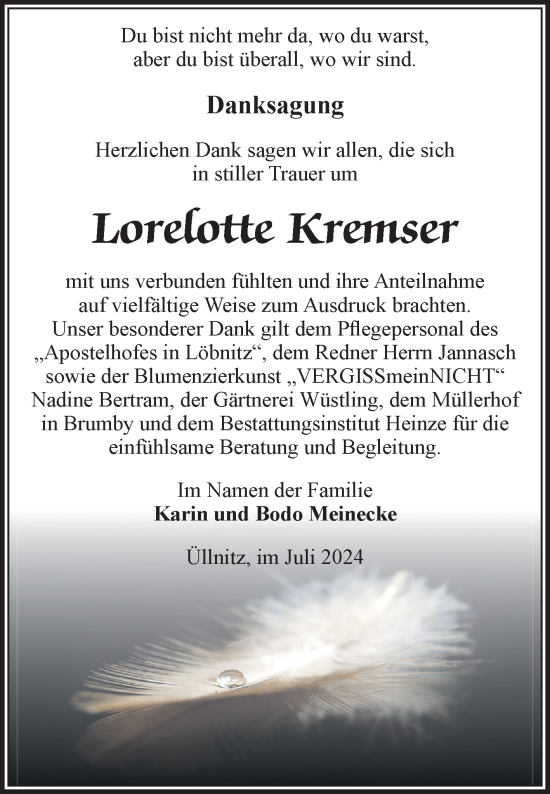 Traueranzeige von Lorelotte Kremser von Volksstimme Schönebeck