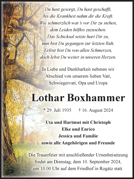 Traueranzeige von Lothar Boxhammer von Volksstimme Altmark Ost