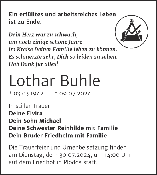 Traueranzeige von Lothar Buhle von Trauerkombi Bitterfeld