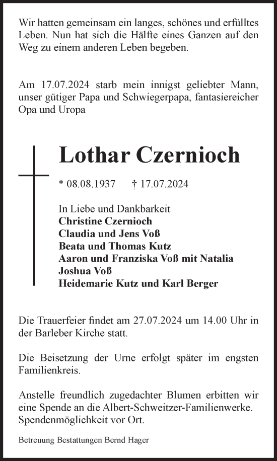 Traueranzeige von Lothar Czernioch von Volksstimme Haldensleben/Wolmirstedt
