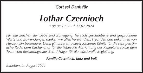 Traueranzeige von Lothar Czernioch von Volksstimme Haldensleben/Wolmirstedt