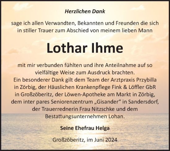 Traueranzeige von Lothar Ihme von Trauerkombi Bitterfeld