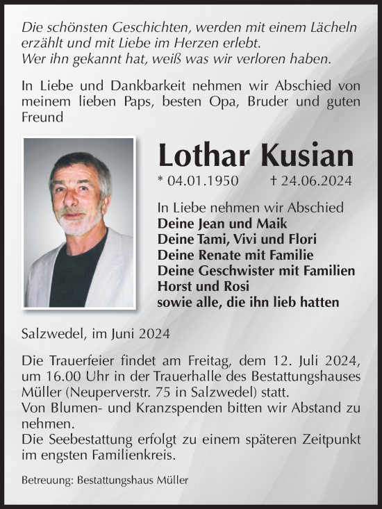 Traueranzeige von Lothar Kusian von Volksstimme Altmark West