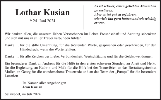 Traueranzeige von Lothar Kusian von Volksstimme Altmark West