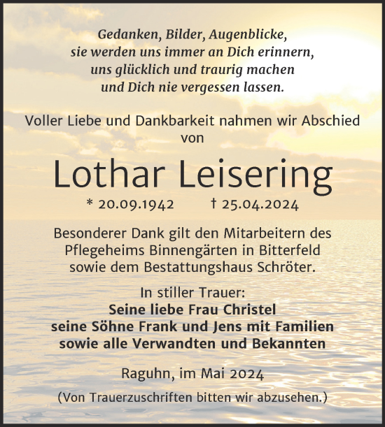 Traueranzeige von Lothar Leisering von Trauerkombi Bitterfeld
