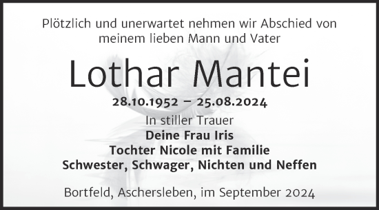 Traueranzeige von Lothar Mantei von Trauerkombi Aschersleben