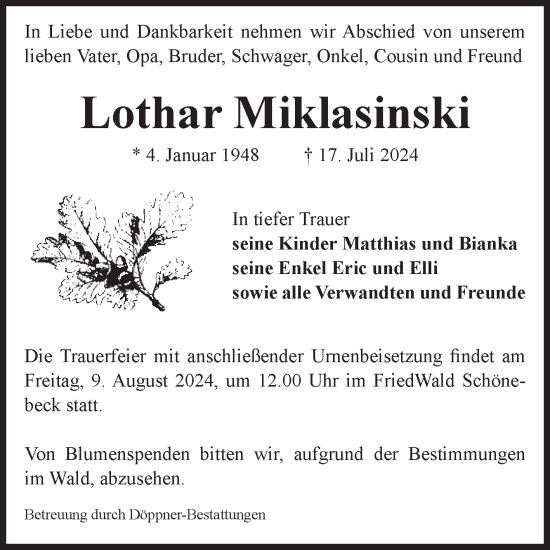 Traueranzeige von Lothar Miklasinski von Volksstimme Magdeburg