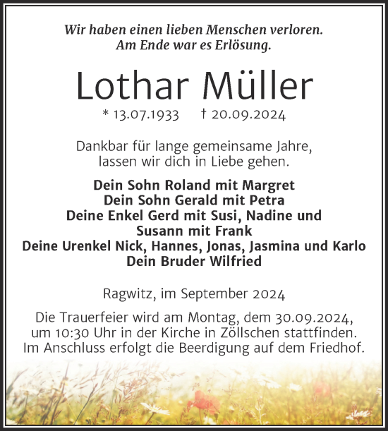Traueranzeige von Lothar Müller von Trauerkombi Merseburg