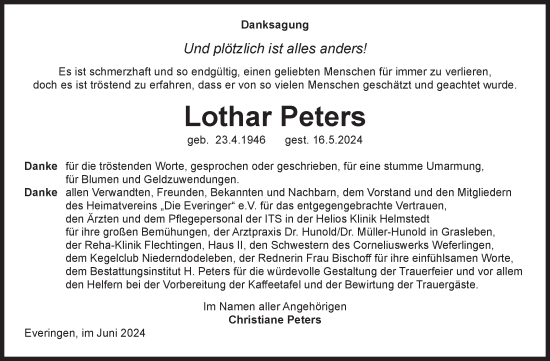 Traueranzeige von Lothar Peters von Volksstimme Haldensleben/Wolmirstedt