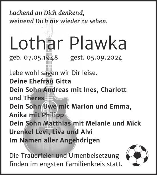 Traueranzeige von Lothar Plawka von Super Sonntag Sangerhausen