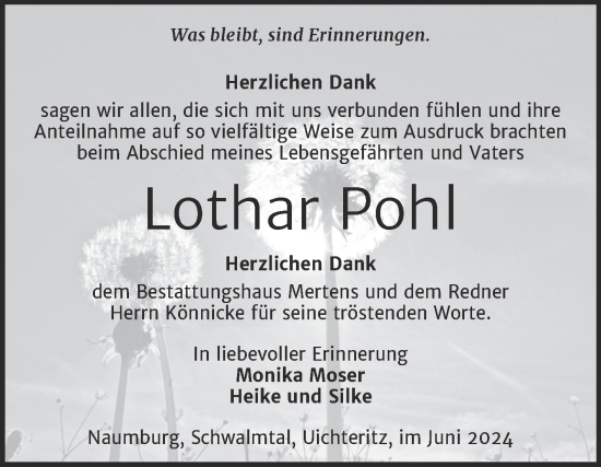 Traueranzeige von Lothar Pohl von Trauerkombi Weißenfels