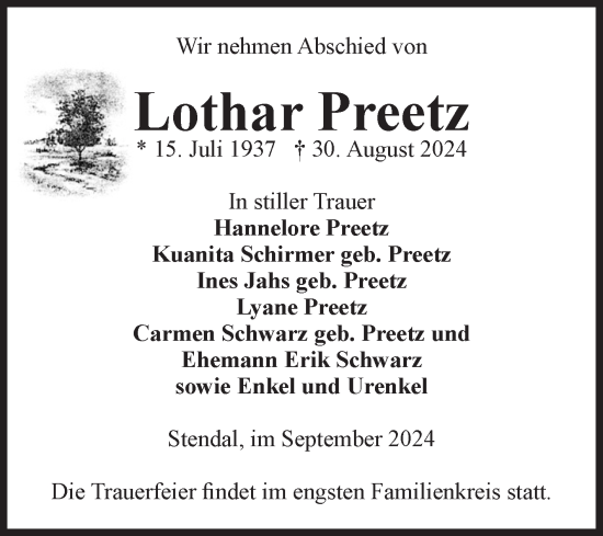 Traueranzeige von Lothar Preetz von Volksstimme Altmark Ost