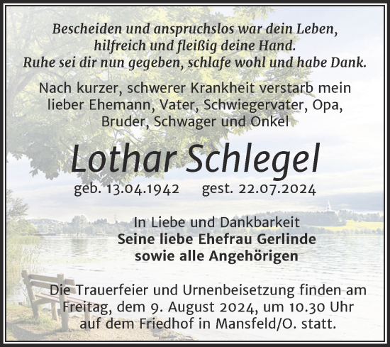 Traueranzeige von Lothar Schlegel von Trauerkombi Mansfelder Land