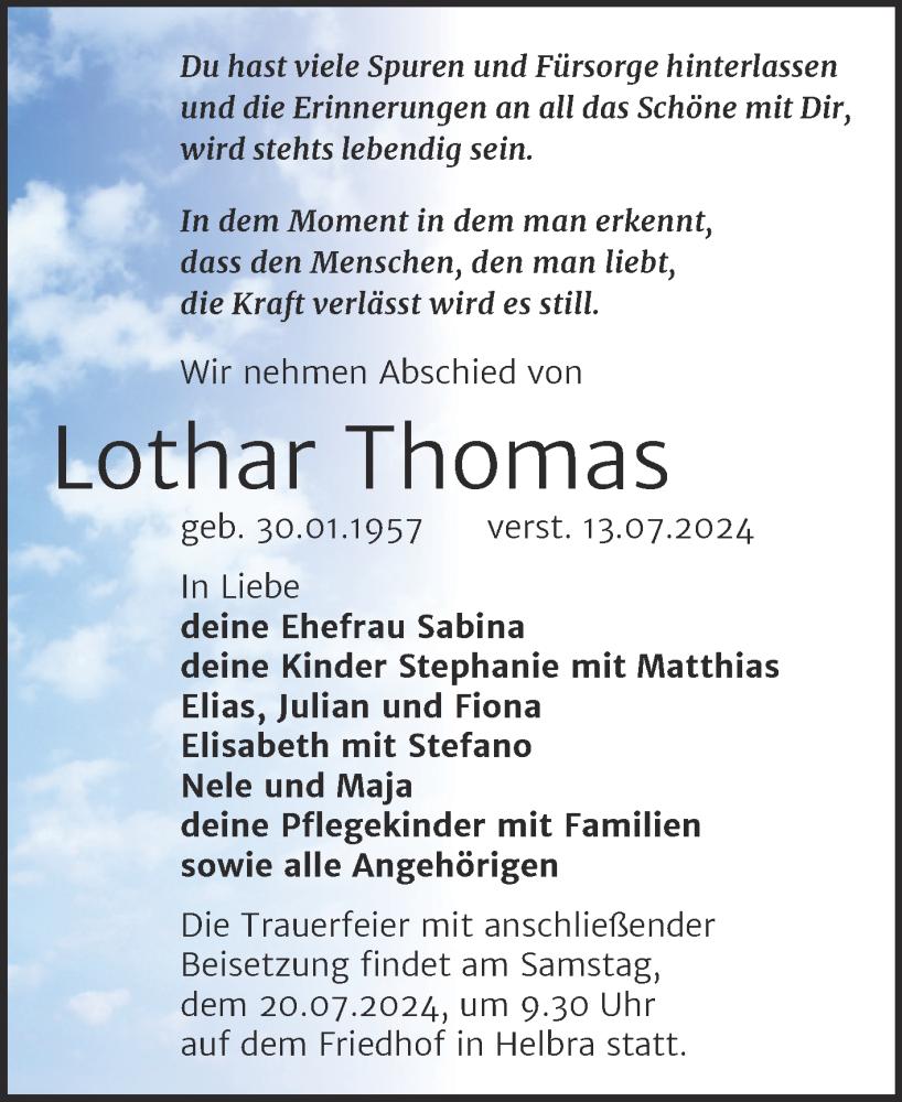  Traueranzeige für Lothar Thomas vom 16.07.2024 aus Trauerkombi Mansfelder Land