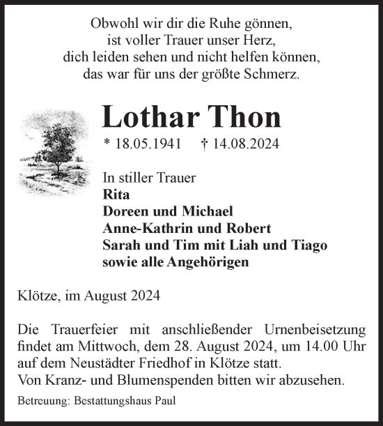 Traueranzeige von Lothar Thon von Volksstimme Altmark West